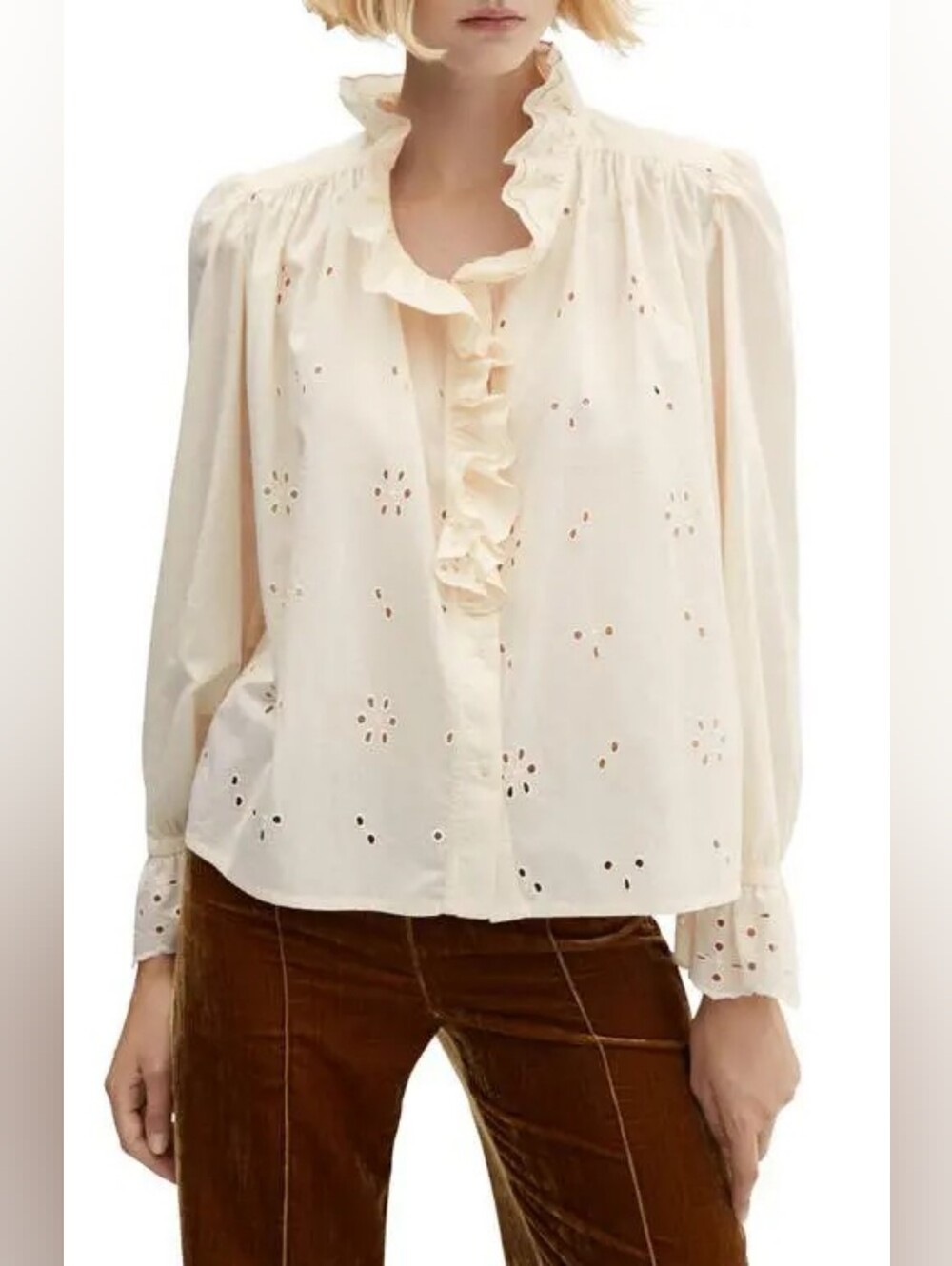 Mango Cream 100% Cotton Eyelet Ruffle Button-Front Blouse